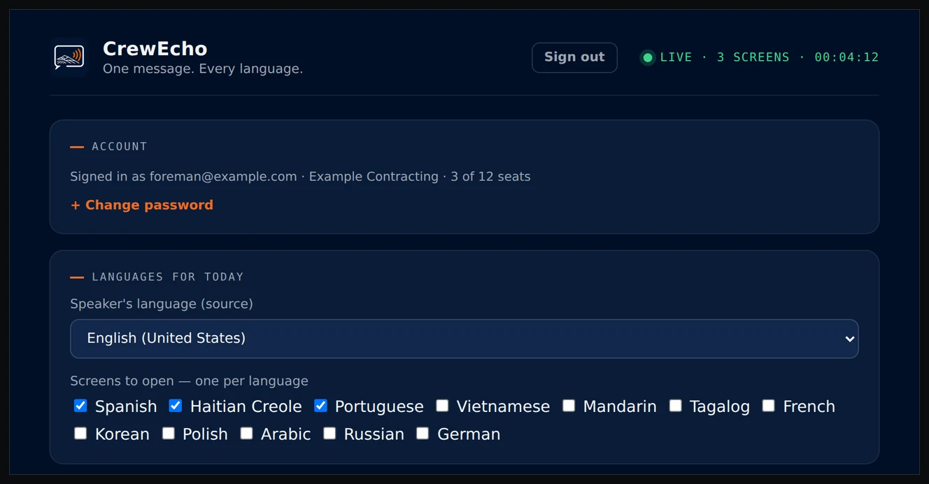 The CrewEcho controller during a live session: status reading live with three screens open, and Spanish, Haitian Creole and Portuguese selected.